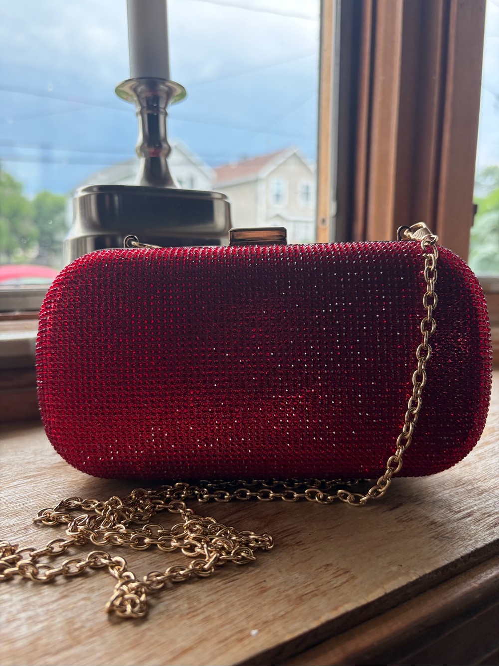 Sparkling Red Evening Clutch with Gold Chain - Picture 2 of 3